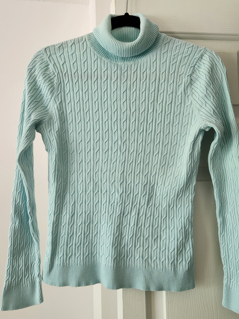 Pima Cotton Cable Turtleneck Sweater Light Blue Color